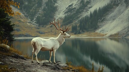 Obraz premium A majestic white deer with perfect antlers, with beautiful lake and mountain views