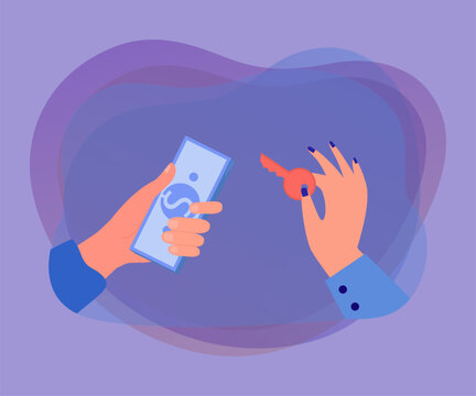 Hands holding dollar bills and house key. Client and real estate agent exchanging money and key flat vector illustration. Finances, investment, property concept for banner or landing web page