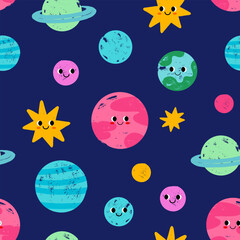 Naklejka premium Cute seamless pattern on a space theme. Hand drawn planets with texture effect. Children's illustration with stars for design. Lovely faces.