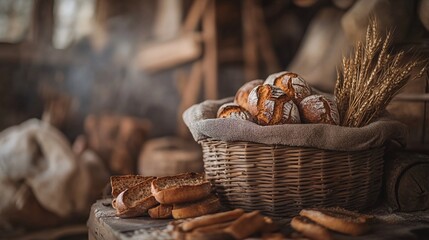 Freshly baked bread rolls and slices in a basket with wheat in a rustic bakery setting