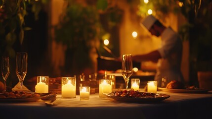Naklejka premium Romantic Candlelit Dinner Table Setting With Chef