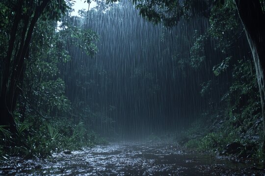 Rainy Day in a Lush Green Forest: A Moody Atmosphere