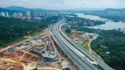 Fototapeta premium Aerial View of City Under Construction with Highways, Buildings, and Surrounding Landscape