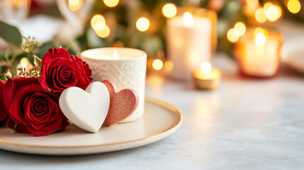 Romantic Candlelit Arrangement with Roses and Heart-Shaped Cookies for Valentine's Day Celebration