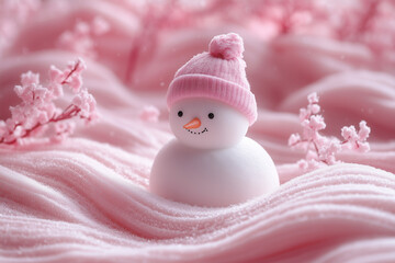 Obraz premium A white snowman with a gentle curve and a small hat, surrounded by soft pastel-colored snowflakes, emphasizing a peaceful, minimal winter scene.