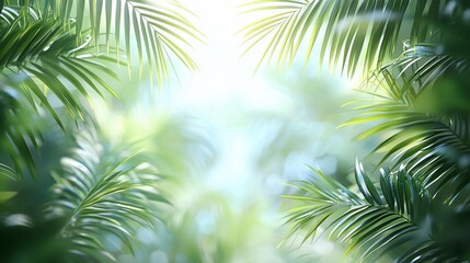 Lush green palm leaves frame a bright, blurred background.