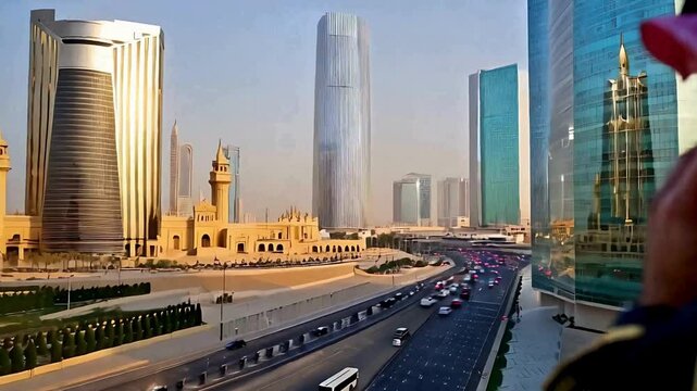Photography from behind of a Saudi Arabian Gulf man making a phone call, King Abdullah Financial District (CAFD) towers in Riyadh, Saudi Arabia, traffic in the streets of Riyadh, famous Riyadh landmar