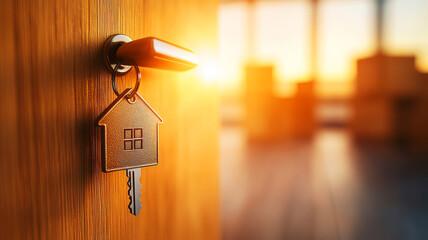 Key in Door with House Keychain Illuminated by Warm Sunset Light Inside Room