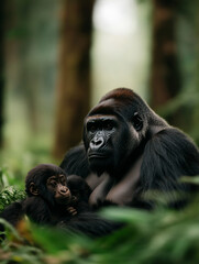 Naklejka premium Gorilla mother and baby resting in lush forest