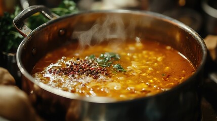 Aromatic Spicy Soup Simmering In A Metal Pot