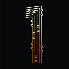 Golden Number One Made of Circuit Board on Black Background
