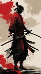 Minimalist Samurai Silhouette in Red and Black Smoke