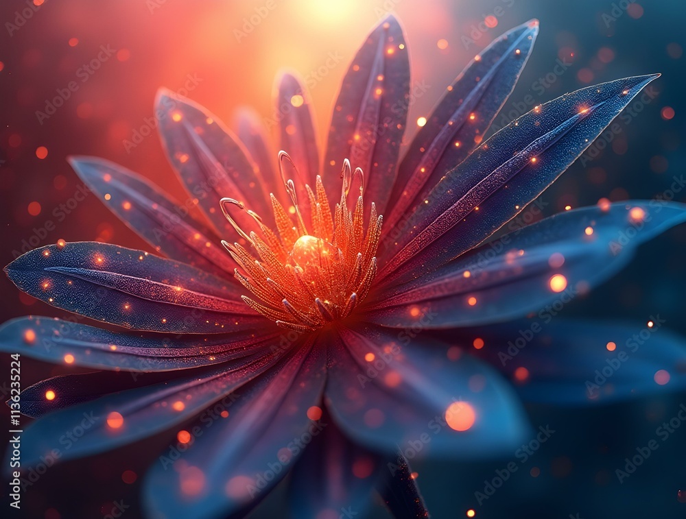 Poster a mesmerizing close-up of a surreal, otherworldly flower with iridescent petals, glowing with an inn