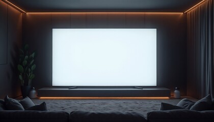 Empty screen of TV mockup illuminated in stylish dark living room, mockup