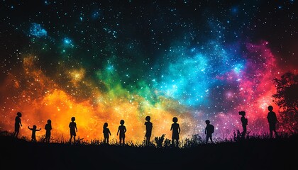 Fototapeta premium Dynamic fireworks silhouette at an outdoor festival, glowing colors against a dark sky, celebratory scene, silhouetted people enjoying the show