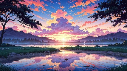 Peaceful anime landscape at sunrise with a lake