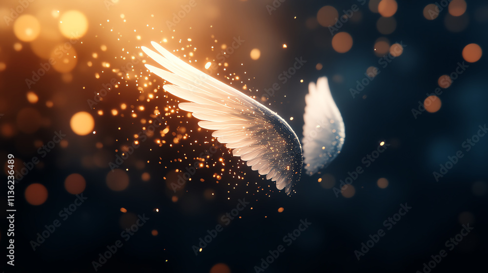 Poster a beautiful abstract representation of wings with glowing particles and soft light effects.