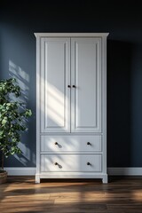 White wooden wardrobe with two doors and three drawers against a dark blue wall.
