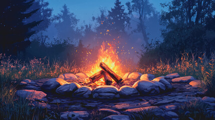 Campfire Warmth in a Serene Forest Setting Surrounded by Rocks and Grass Perfect for Outdoor Adventure, Nature Lovers, and Cozy Atmosphere Imagery for Stock Photography