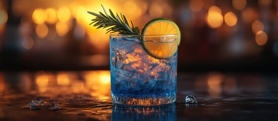 Blue cocktail with lime and rosemary garnish on bar.