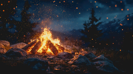 Cozy Campfire in a Serene Field at Dusk, Capturing Warmth, Nature, and Tranquility Perfect for Outdoor and Camping Themes, Relaxation, Gatherings, and Commercial Use