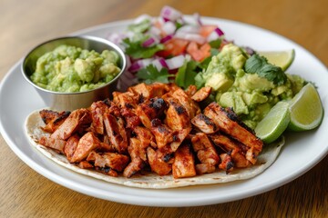 Fototapeta premium A delicious plate featuring grilled chicken, guacamole, and fresh vegetables.