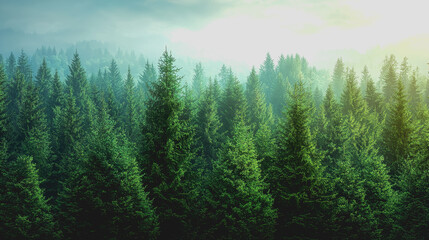 Fototapeta premium Mysterious Evergreen Forest with Trees and Fog: Serene Nature Landscape for Tranquil Outdoor Adventure and Relaxation, Perfect for Eco-Tourism and Sustainable Living Campaigns