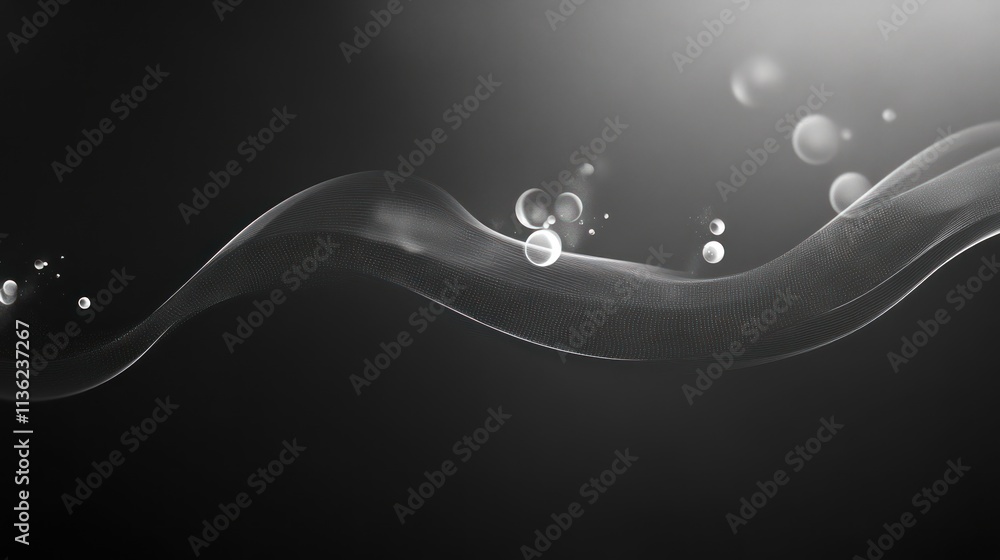 Poster abstract grayscale wave with glowing particles on dark background.
