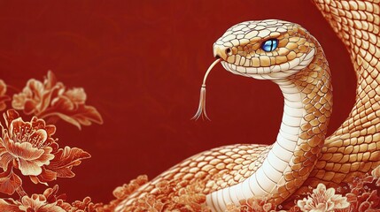 Fototapeta premium A striking golden snake coiled with a tassel, perfect for Lunar New Year promotions or luxury branding, exuding elegance and cultural significance.