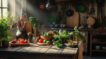 Fototapeta premium Rustic Kitchen Table Displaying Fresh Vegetables and Herbs