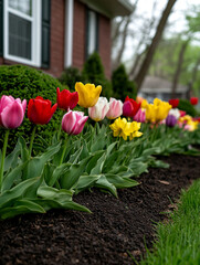 Colorful tulip garden blooming in springtime sunlight