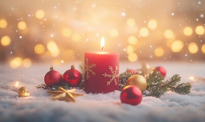 Red Christmas candle surrounded by ornaments, pine branches, and a golden star, set on snow with a softly glowing festive background.