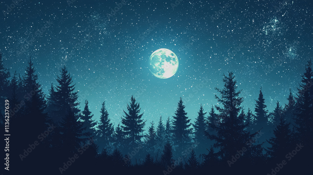 Aufkleber captivating forest night scene with full moon illuminating trees and creating mystical atmosphere in