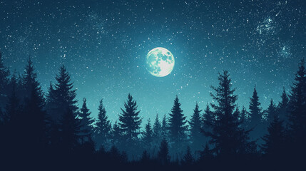 Captivating Forest Night Scene with Full Moon Illuminating Trees and Creating Mystical Atmosphere in Nature, Perfect for Commercial Use and Creative Projects Featuring Night Photography