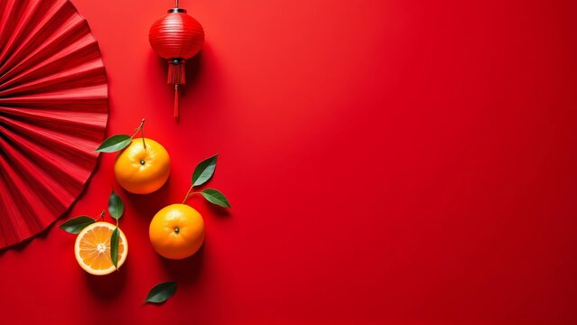 Tangerines, red fan, lampion, lantern on top view red background with copy space in center view, chinese new year lunar concept, banner, greeting card