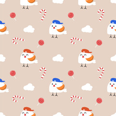 White bird cartoon so cute. On lollipop candy cane cloud background. Pattern seamless vector illustration. 