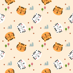 Face tiger yellow and white cartoon so cute. On tree mountain background. Pattern seamless vector illustration. 