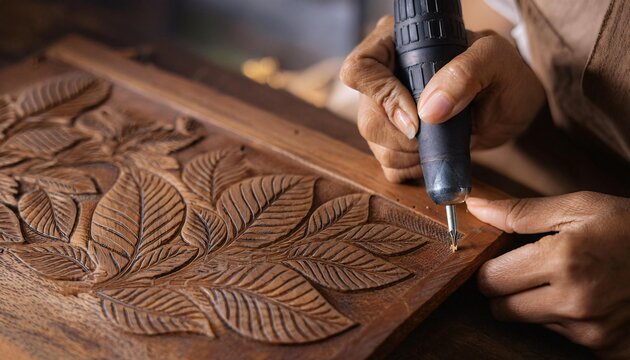 a close-up of a skilled woodworker engraving delicate leaf patterns onto a wooden panel using a dremel tool, showcasing intricate craftsmanship and precision carving
