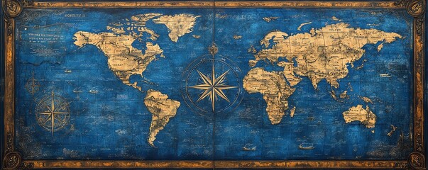 Vintageinspired world map with a blue color scheme, aged paper texture, artistic compass rose, detailed continents, decorative borders