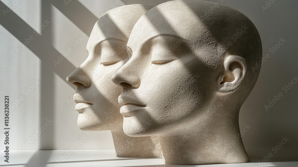 Poster captivating artistic display of two profile heads in soft light with elegant shadows creating a sere