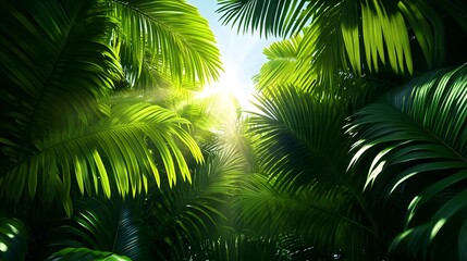 Sunlight Streaming Through Lush Green Tropical Palm Leaves, Creating a Vibrant Jungle Canopy with Light and Shadows in a Serene, Natural Tropical Forest Setting