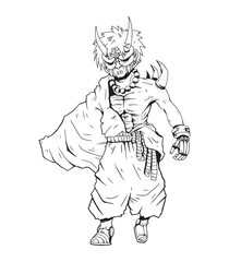 Illustration of an original character in anime style. A samurai wearing japanese demon mask. Used for coloring book