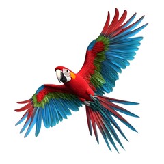 Obraz premium Vibrant Scarlet Macaw Soaring in Flight with Colorful Red, Blue, and Green Feathers Spread Wide Against a White Background, Majestic Tropical Parrot Illustration