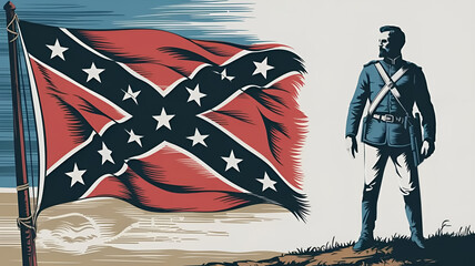 Confederate Memorial Day banner with Confederate flag from the American Civil War and a Confederate soldier, vintage illustration