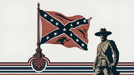 Confederate Memorial Day banner with Confederate flag from the American Civil War and a Confederate soldier, vintage illustration