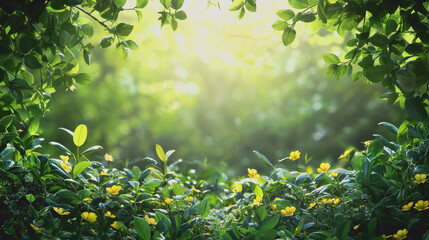 Obraz premium Inspiring Nature Scene: Lush Green Forest with Vibrant Yellow Flowers Captured in Perfect Lighting and Composition for Commercial Use and Marketing Purposes High-Quality Stock Photo