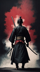 Fototapeta premium Minimalist Samurai Silhouette in Red and Black Smoke