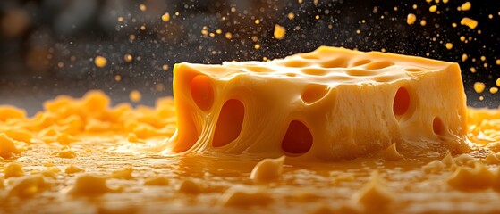 The splashing cheese image gives a fun and appetizing feel, perfect for advertising food or cheese products that want to attract attention with movement and color.