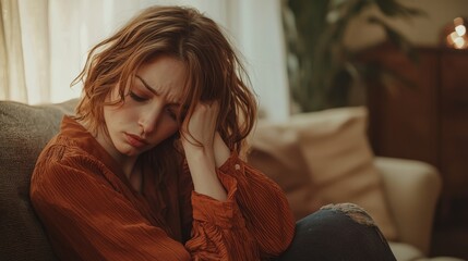 Fototapeta premium Woman resting on sofa in orange blouse during daytime