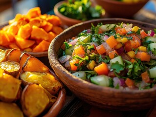 A vibrant spread of fresh salad, roasted vegetables, and sweet potatoes, showcasing healthy eating.